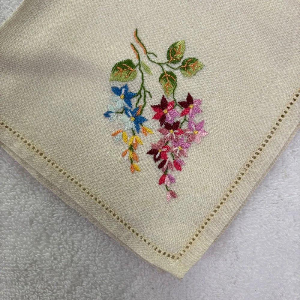 Handmade Embroidered Linen Handkerchief Floral Wisteria Blue‎ Pink Purple Accent